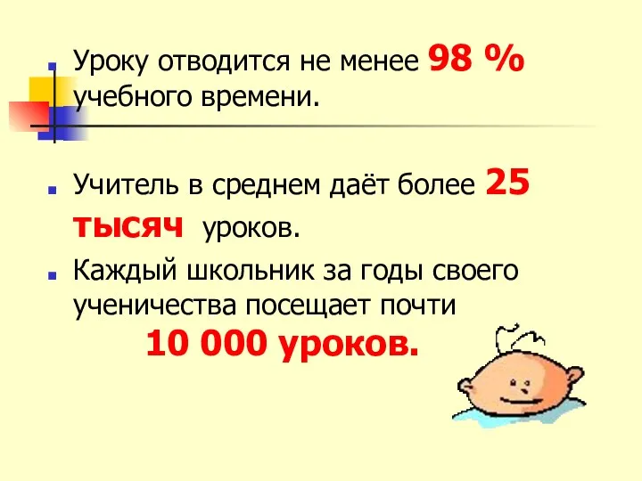 Уроку отводится не менее 98 % учебного времени. Учитель в