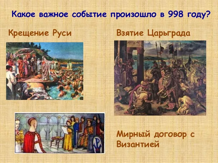 Какое важное событие произошло в 998 году? Крещение Руси Взятие Царьграда Мирный договор с Византией