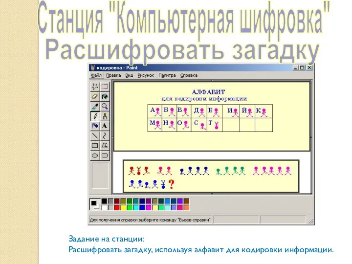 Станция "Компьютерная шифровка" Расшифровать загадку Задание на станции: Расшифровать загадку, используя алфавит для кодировки информации.