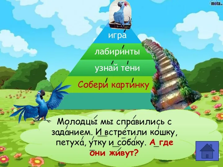 Молодцы мы справились с заданием. И встретили кошку, петуха, утку и собаку. А где они живут?