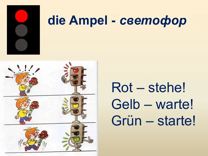 die Ampel - светофор Rot – stehe! Gelb – warte! Grün – starte!