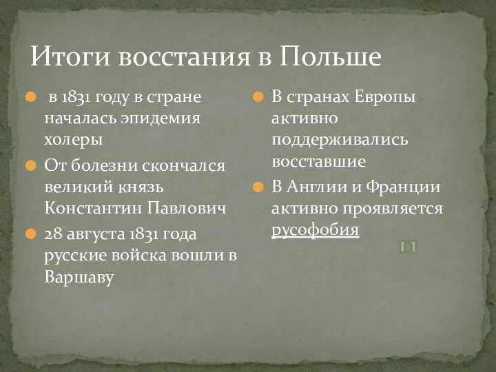 Итоги восстания в Польше в 1831 году в стране началась