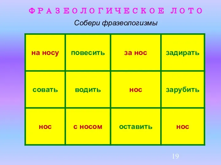 ФРАЗЕОЛОГИЧЕСКОЕ ЛОТО Собери фразеологизмы