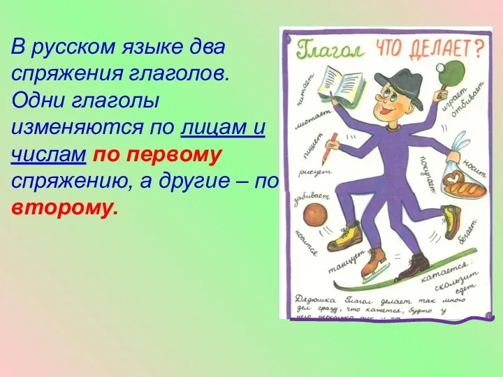 В русском языке два спряжения глаголов. Одни глаголы изменяются по