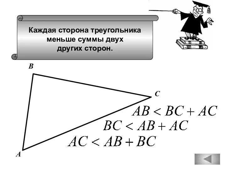 Каждая сторона треугольника меньше суммы двух других сторон. А В С