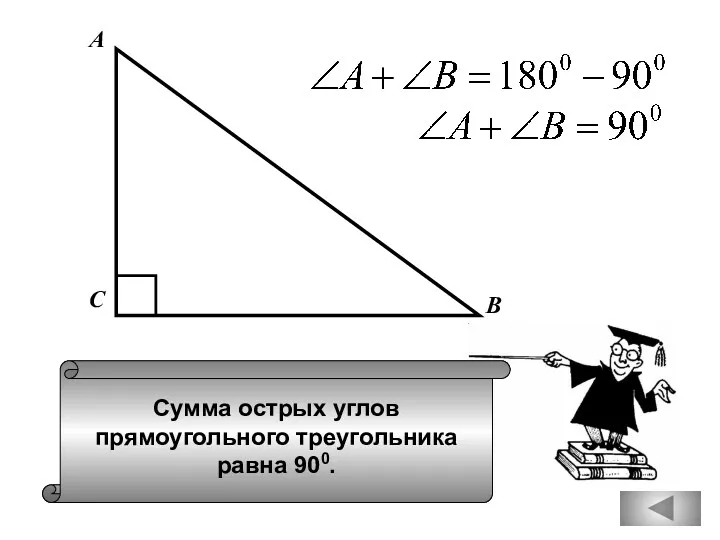 Сумма острых углов прямоугольного треугольника равна 900. А В С