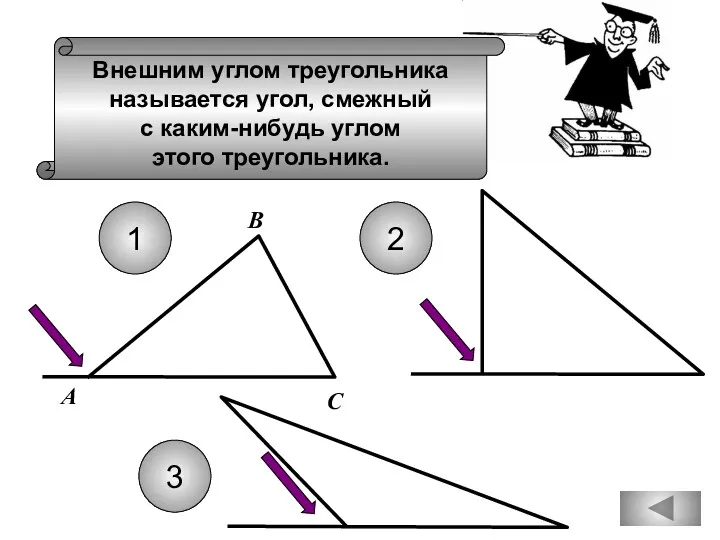 Внешним углом треугольника называется угол, смежный с каким-нибудь углом этого треугольника. А В
