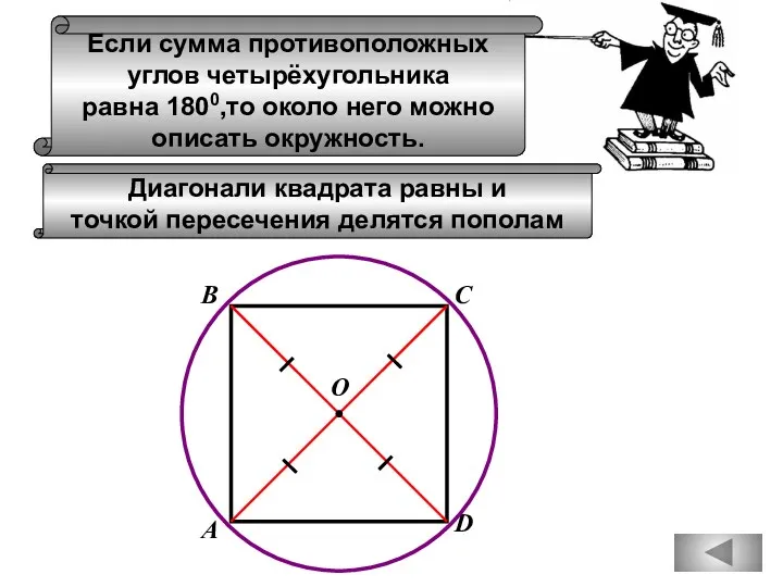Если сумма противоположных углов четырёхугольника равна 1800,то около него можно описать окружность. А