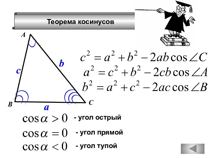 Теорема косинусов А В С a b c - угол