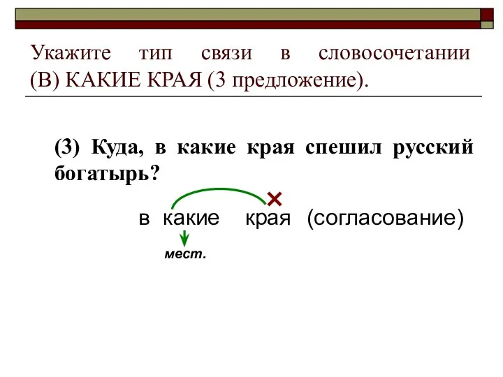 Укажите тип связи в словосочетании (В) КАКИЕ КРАЯ (3 предложение).