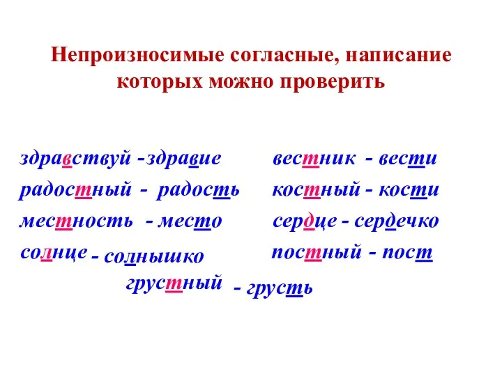 Непроизносимые согласные, написание которых можно проверить здравствуй - вестник радостный