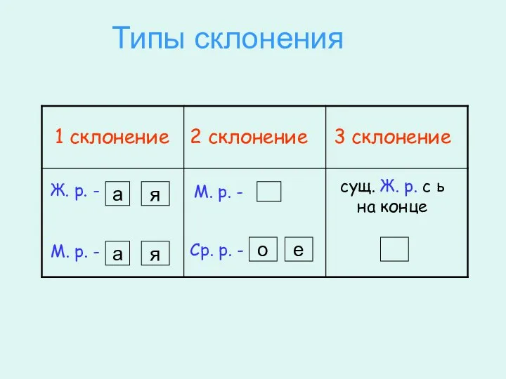 Типы склонения а я а я о е 1 склонение