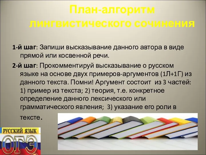 План-алгоритм лингвистического сочинения 1-й шаг: Запиши высказывание данного автора в