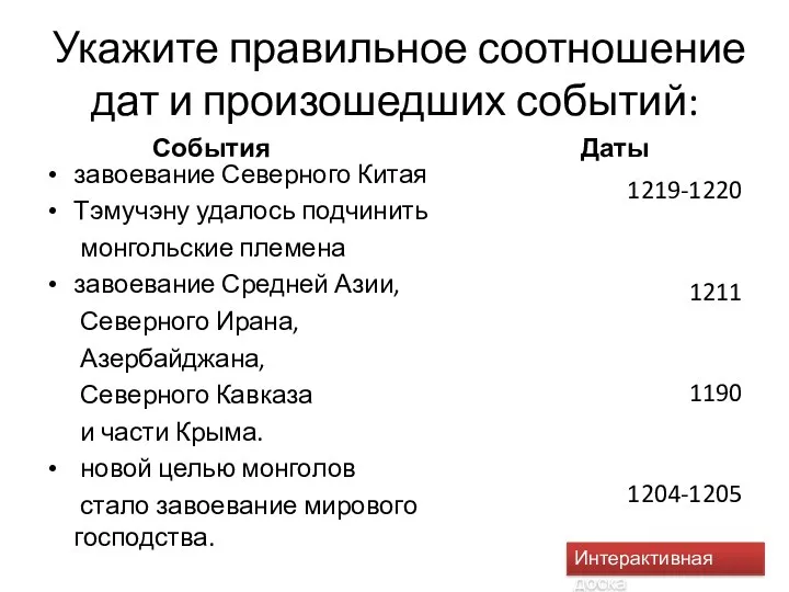 Укажите правильное соотношение дат и произошедших событий: События завоевание Северного