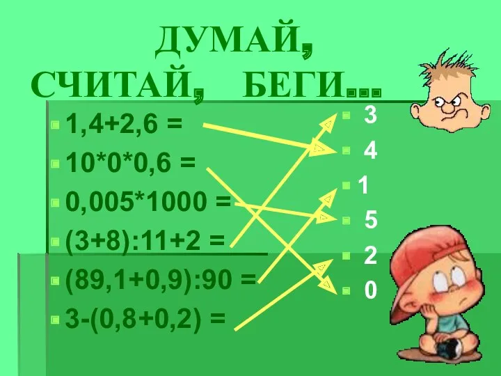 ДУМАЙ, СЧИТАЙ, БЕГИ… 1,4+2,6 = 10*0*0,6 = 0,005*1000 = (3+8):11+2