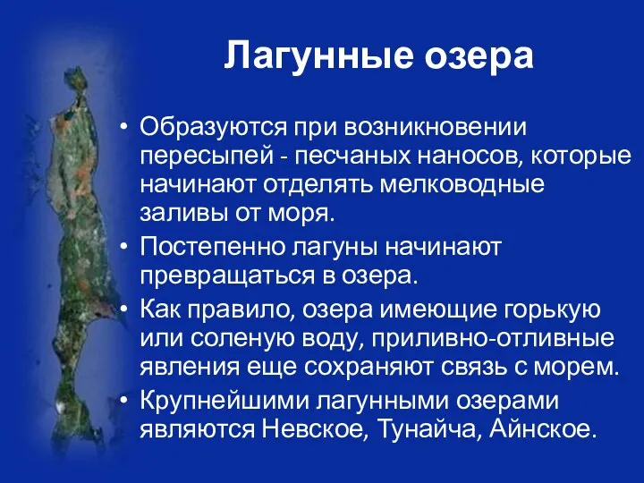 Лагунные озера Образуются при возникновении пересыпей - песчаных наносов, которые