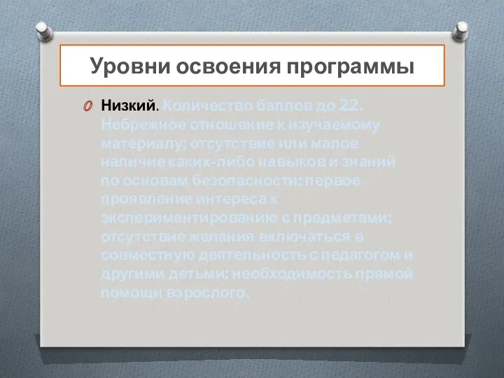 Уровни освоения программы Низкий. Количество баллов до 22. Небрежное отношение