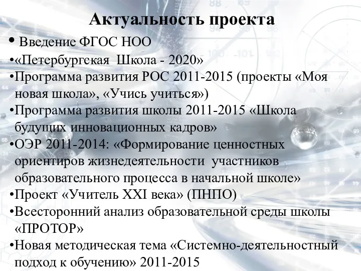 Актуальность проекта Введение ФГОС НОО «Петербургская Школа - 2020» Программа