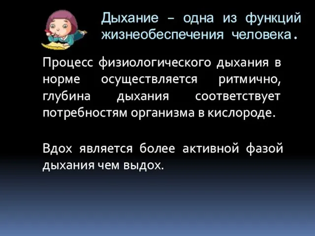 Дыхание – одна из функций жизнеобеспечения человека. Процесс физиологического дыхания