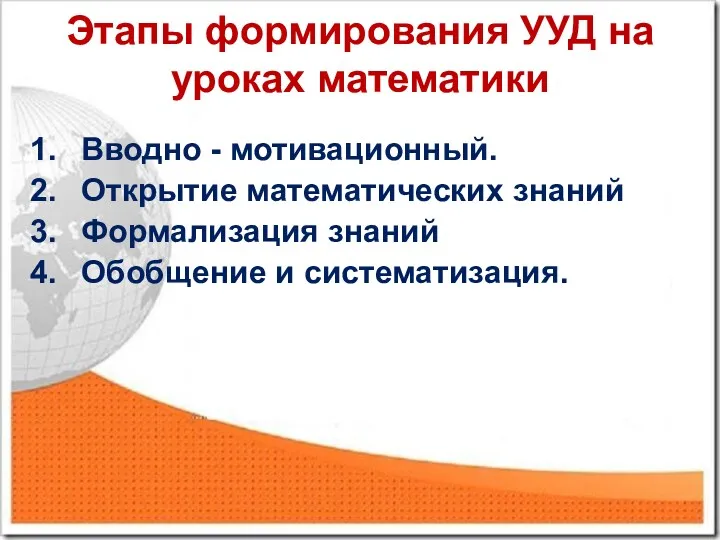 Этапы формирования УУД на уроках математики Вводно - мотивационный. Открытие