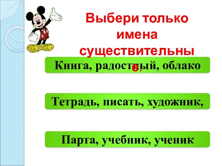 Парта, учебник, ученик Книга, радостный, облако Тетрадь, писать, художник, Выбери только имена существительные.