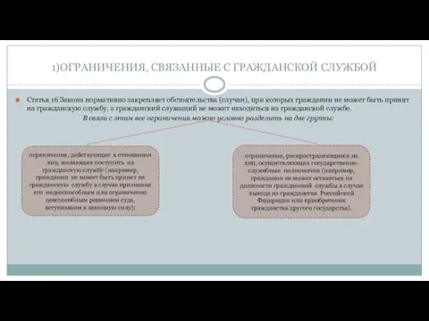 1)ОГРАНИЧЕНИЯ, СВЯЗАННЫЕ С ГРАЖДАНСКОЙ СЛУЖБОЙ Cтатья 16 Закона нормативно закрепляет