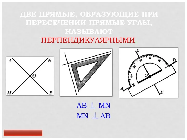 ДВЕ ПРЯМЫЕ, ОБРАЗУЮЩИЕ ПРИ ПЕРЕСЕЧЕНИИ ПРЯМЫЕ УГЛЫ, НАЗЫВАЮТ ПЕРПЕНДИКУЛЯРНЫМИ. AB MN MN AB