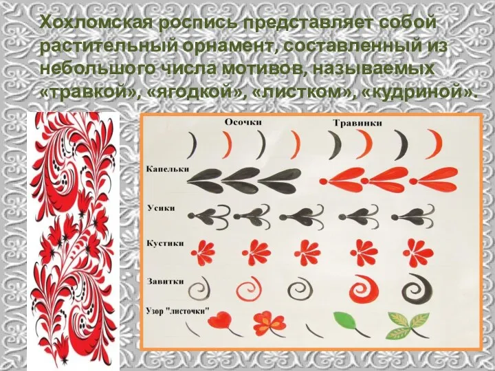Хохломская роспись представляет собой растительный орнамент, составленный из небольшого числа мотивов, называемых «травкой», «ягодкой», «листком», «кудриной».