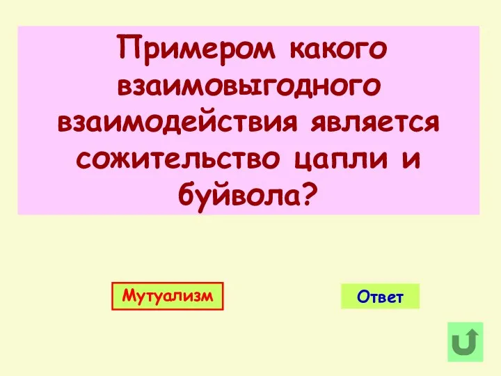 Примером какого взаимовыгодного взаимодействия является сожительство цапли и буйвола? Ответ Мутуализм