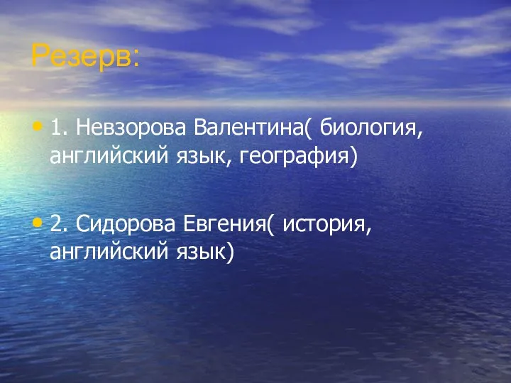 Резерв: 1. Невзорова Валентина( биология, английский язык, география) 2. Сидорова Евгения( история, английский язык)