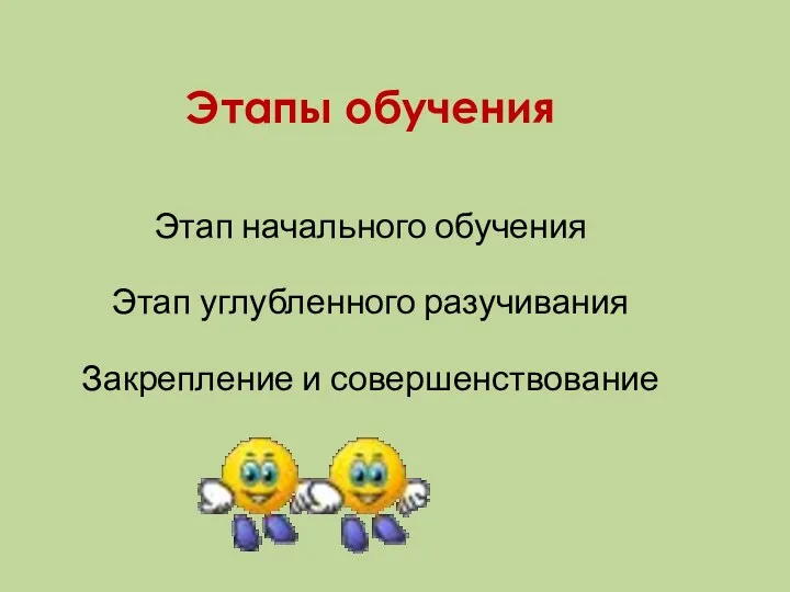 Этапы обучения Этап начального обучения Этап углубленного разучивания Закрепление и совершенствование