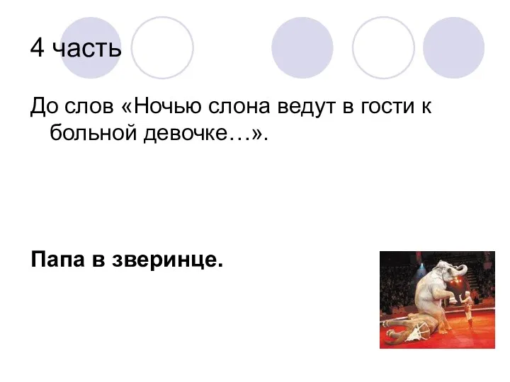 4 часть До слов «Ночью слона ведут в гости к больной девочке…». Папа в зверинце.