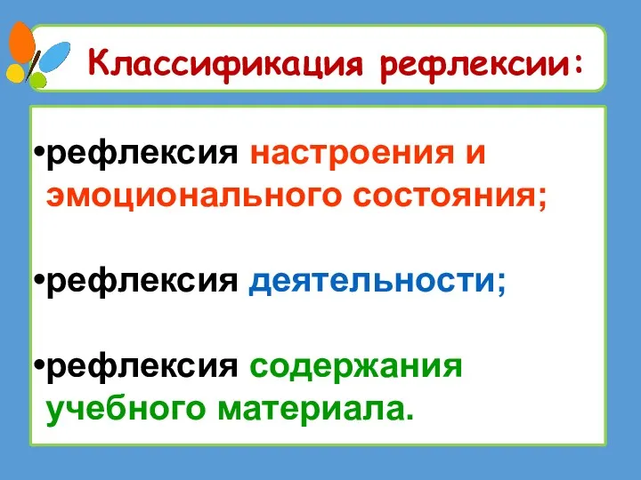 Классификация рефлексии: рефлексия настроения и эмоционального состояния; рефлексия деятельности; рефлексия содержания учебного материала.