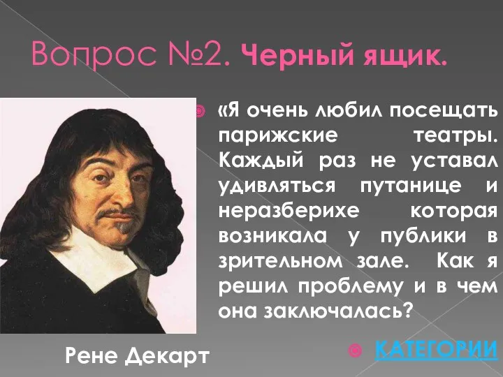 Вопрос №2. Черный ящик. Рене Декарт «Я очень любил посещать парижские театры. Каждый