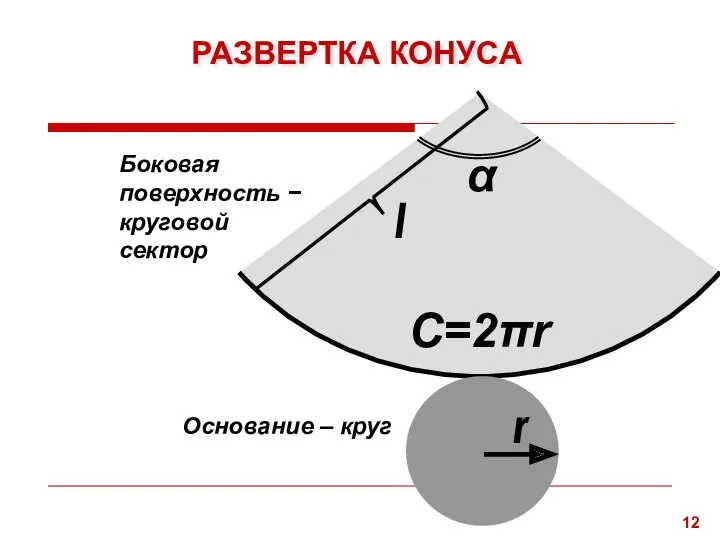 РАЗВЕРТКА КОНУСА Боковая поверхность − круговой сектор Основание – круг l C=2πr