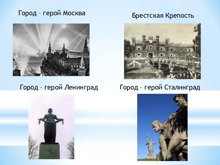 Город – герой Ленинград Город – герой Москва Брестская Крепость Город – герой Сталинград
