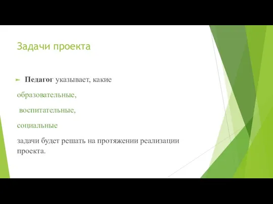 Задачи проекта Педагог указывает, какие образовательные, воспитательные, социальные задачи будет решать на протяжении реализации проекта.