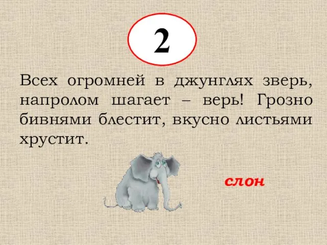 2 Всех огромней в джунглях зверь, напролом шагает – верь!