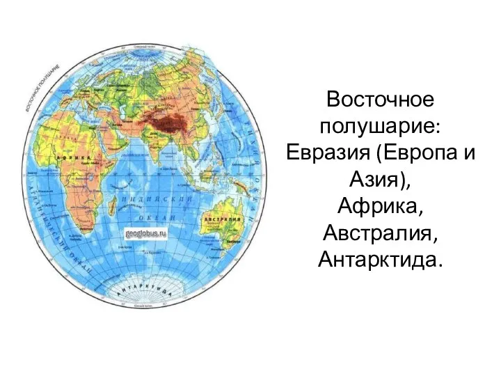 Восточное полушарие: Евразия (Европа и Азия), Африка, Австралия, Антарктида.