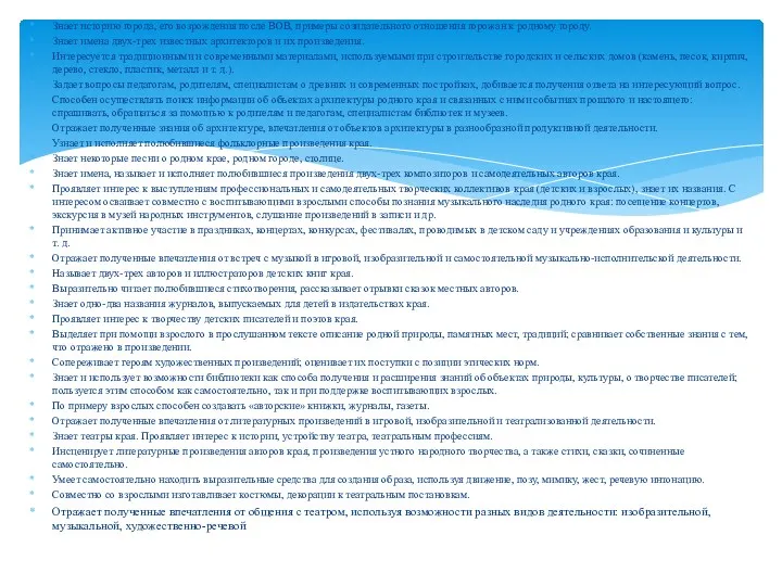 Знает историю города, его возрождения после ВОВ, примеры созидательного отношения