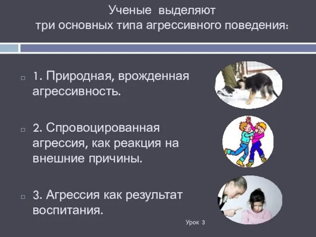 Ученые выделяют три основных типа агрессивного поведения: 1. Природная, врожденная