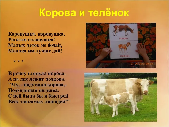 Корова и телёнок Коровушка, коровушка, Рогатая головушка! Малых деток не бодай, Молока им