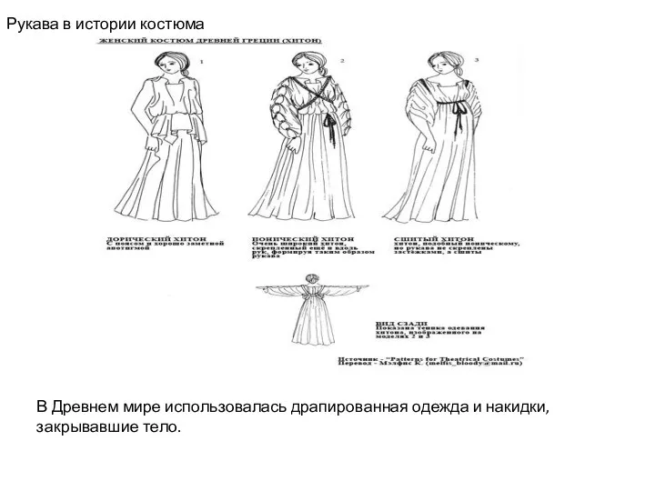 Рукава в истории костюма В Древнем мире использовалась драпированная одежда и накидки, закрывавшие тело.