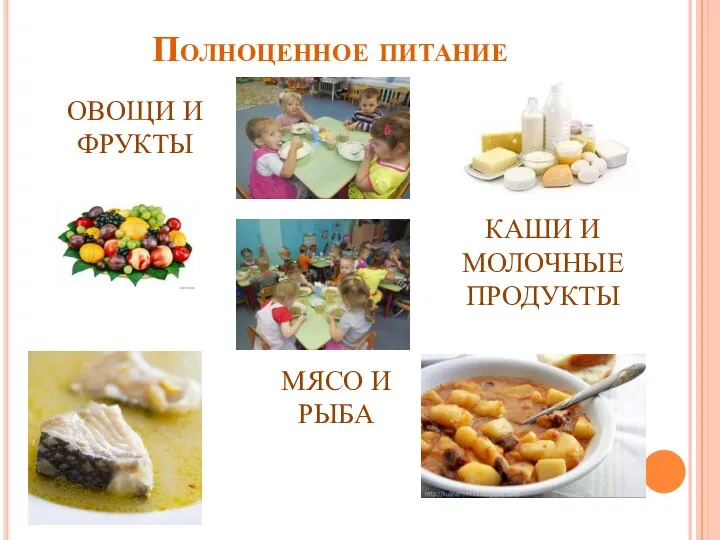 Полноценное питание ОВОЩИ И ФРУКТЫ КАШИ И МОЛОЧНЫЕ ПРОДУКТЫ МЯСО И РЫБА