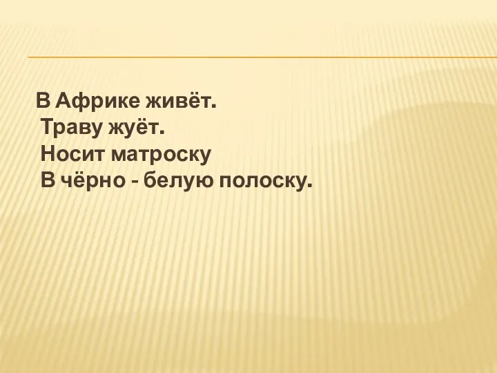 В Африке живёт. Траву жуёт. Носит матроску В чёрно - белую полоску.