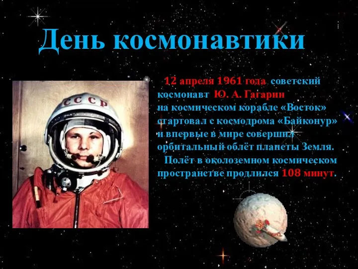 День космонавтики 12 апреля 1961 года советский космонавт Ю. А. Гагарин на космическом