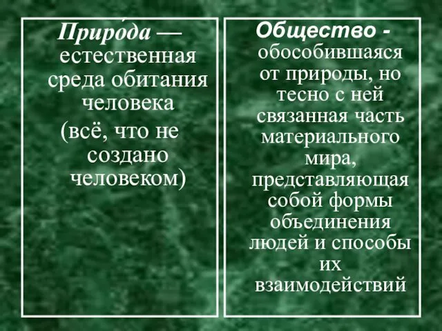 Приро́да —естественная среда обитания человека (всё, что не создано человеком)