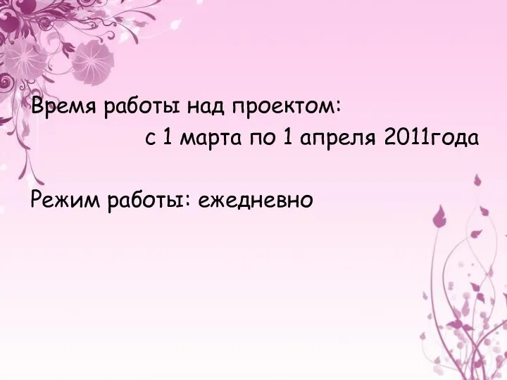 Время работы над проектом: с 1 марта по 1 апреля 2011года Режим работы: ежедневно