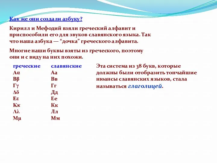 Как же они создали азбуку? Кирилл и Мефодий взяли греческий