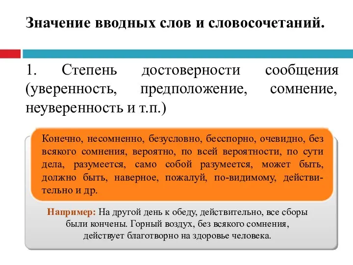 Значение вводных слов и словосочетаний. 1. Степень достоверности сообщения (уверенность, предположение, сомнение, неуверенность и т.п.)